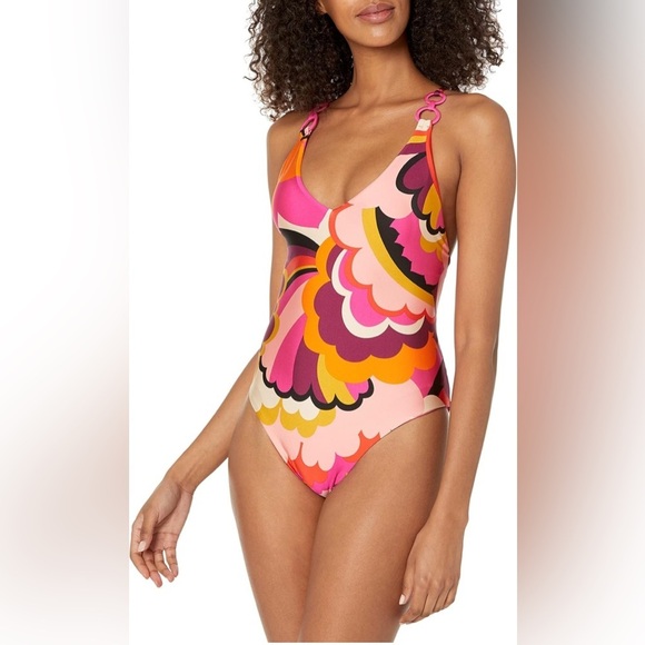 Trina Turk Women's Fan Faire Twist Back Halter Plunge One Piece Swimsuit Size 6 - Picture 2 of 12